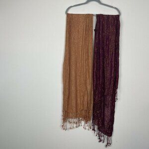 Sparkly Scarfs Lot of 2 red and Tan Tassled 65.5” x 21”